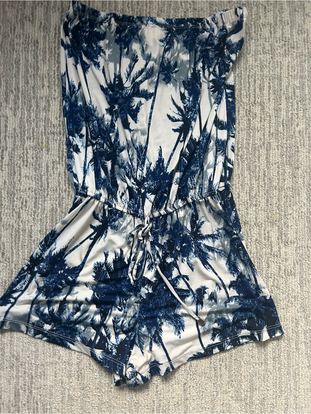 Elan White and Navy Palm-Print Strapless Romper